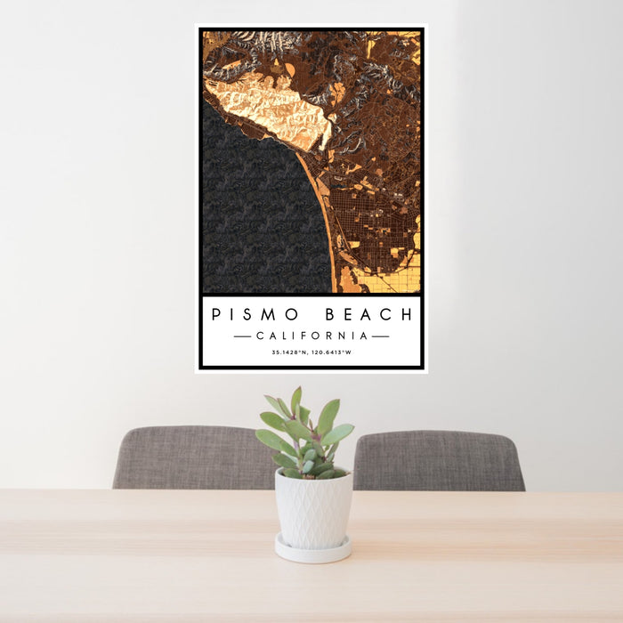 24x36 Pismo Beach California Map Print Portrait Orientation in Ember Style Behind 2 Chairs Table and Potted Plant