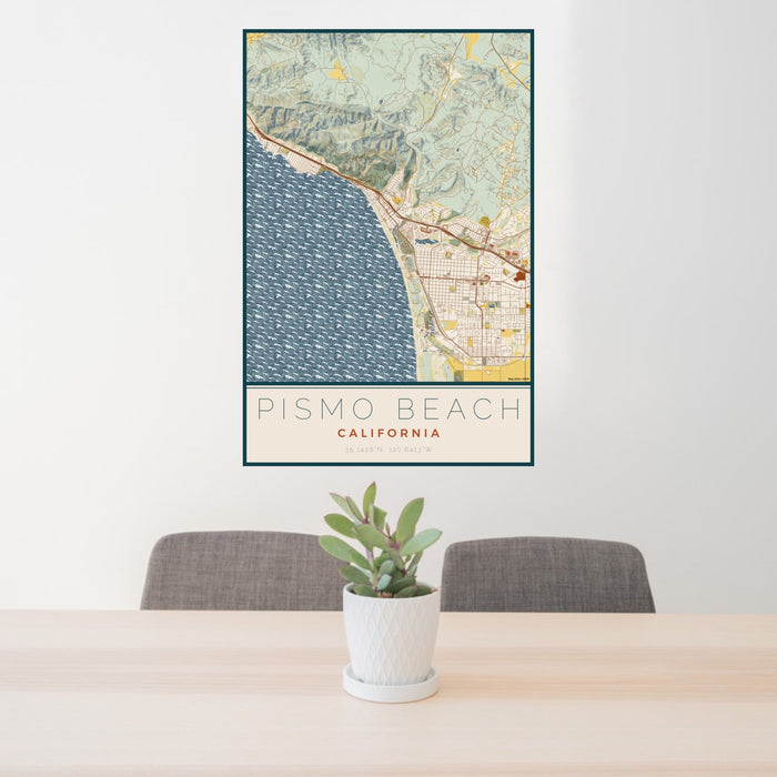 24x36 Pismo Beach California Map Print Portrait Orientation in Woodblock Style Behind 2 Chairs Table and Potted Plant