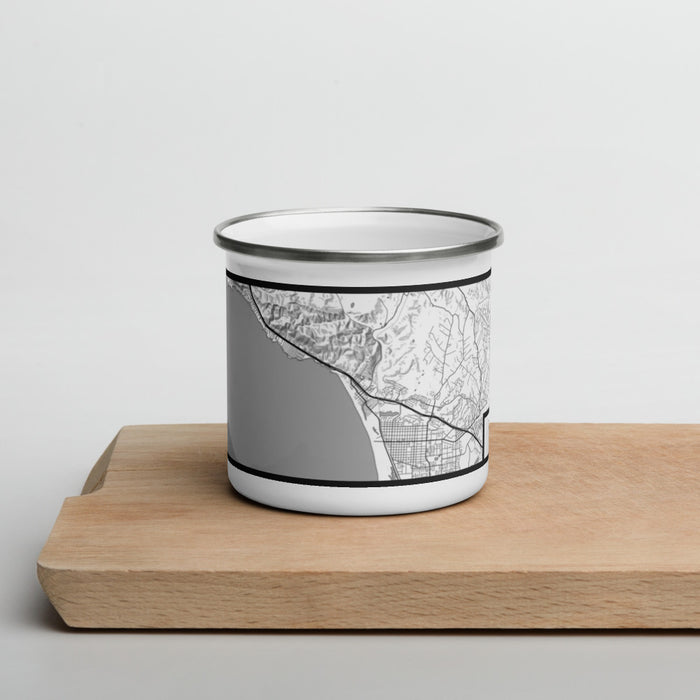 Front View Custom Pismo Beach California Map Enamel Mug in Classic on Cutting Board