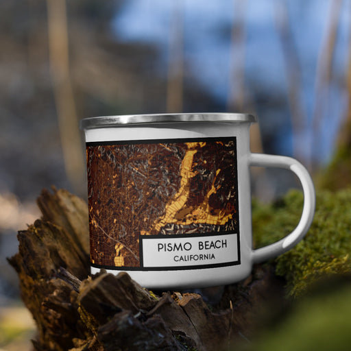 Right View Custom Pismo Beach California Map Enamel Mug in Ember on Grass With Trees in Background