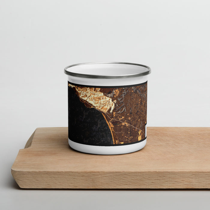 Front View Custom Pismo Beach California Map Enamel Mug in Ember on Cutting Board
