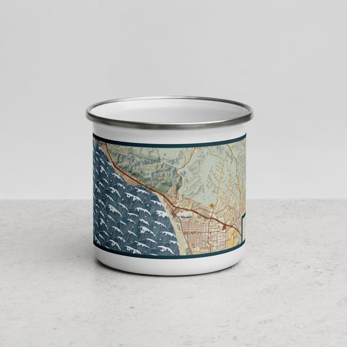 Front View Custom Pismo Beach California Map Enamel Mug in Woodblock