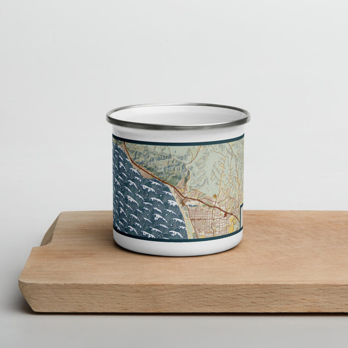 Front View Custom Pismo Beach California Map Enamel Mug in Woodblock on Cutting Board