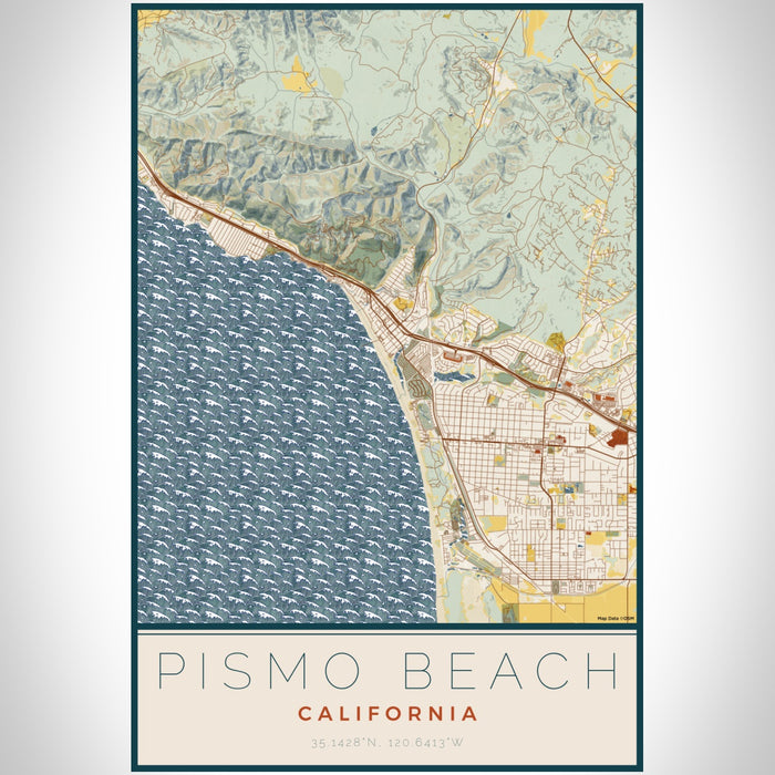 Pismo Beach California Map Print Portrait Orientation in Woodblock Style With Shaded Background