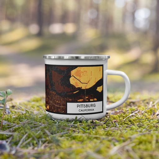 Right View Custom Pittsburg California Map Enamel Mug in Ember on Grass With Trees in Background