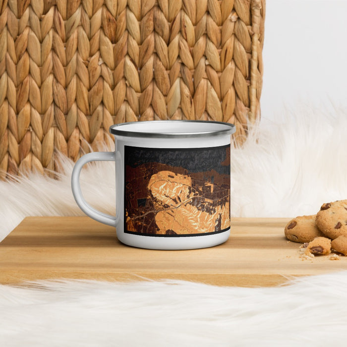 Left View Custom Pittsburg California Map Enamel Mug in Ember on Table Top
