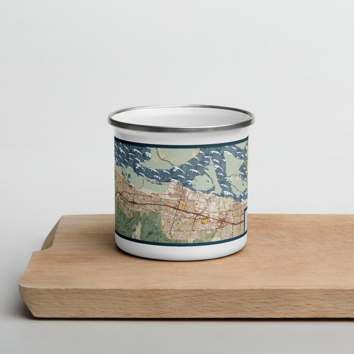 Front View Custom Pittsburg California Map Enamel Mug in Woodblock on Cutting Board