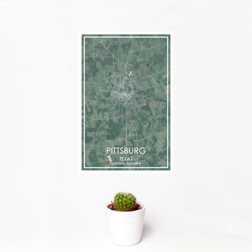 12x18 Pittsburg Texas Map Print Portrait Orientation in Afternoon Style With Small Cactus Plant in White Planter