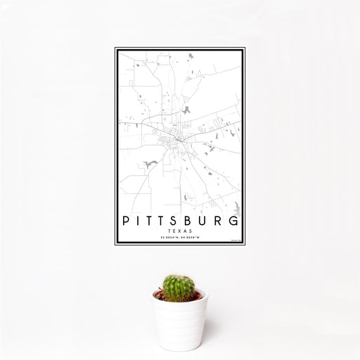 12x18 Pittsburg Texas Map Print Portrait Orientation in Classic Style With Small Cactus Plant in White Planter