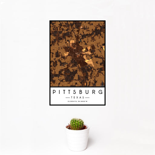 12x18 Pittsburg Texas Map Print Portrait Orientation in Ember Style With Small Cactus Plant in White Planter