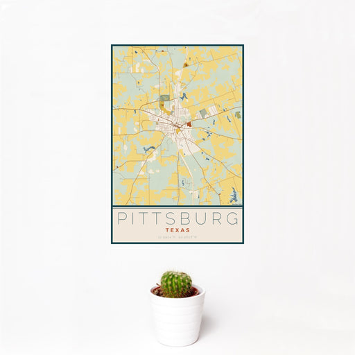 12x18 Pittsburg Texas Map Print Portrait Orientation in Woodblock Style With Small Cactus Plant in White Planter