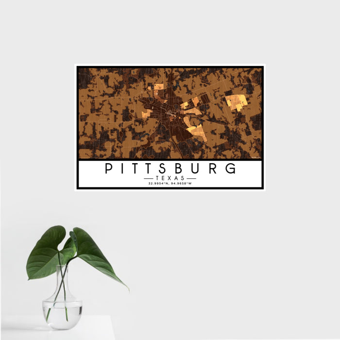 16x24 Pittsburg Texas Map Print Landscape Orientation in Ember Style With Tropical Plant Leaves in Water