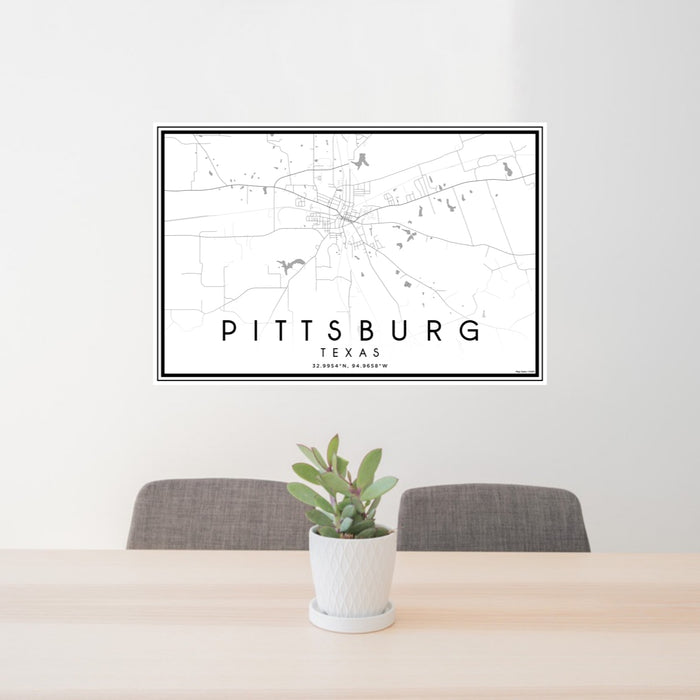 24x36 Pittsburg Texas Map Print Lanscape Orientation in Classic Style Behind 2 Chairs Table and Potted Plant