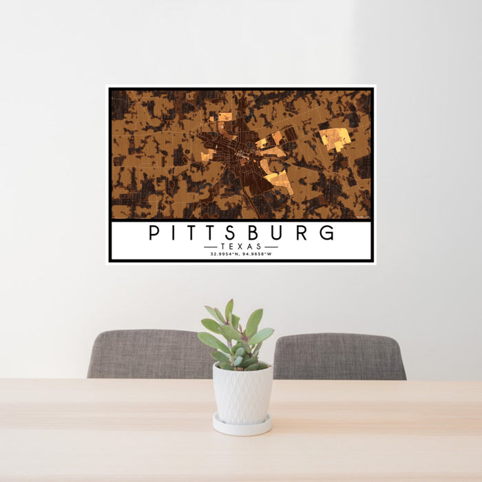 24x36 Pittsburg Texas Map Print Lanscape Orientation in Ember Style Behind 2 Chairs Table and Potted Plant
