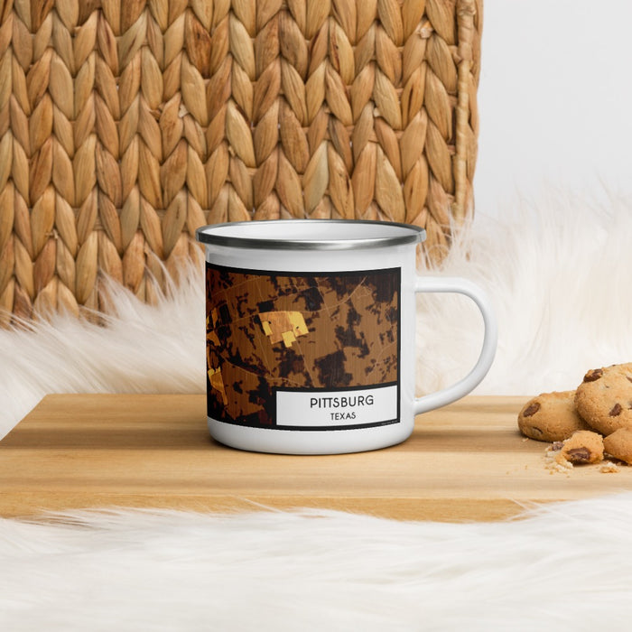 Right View Custom Pittsburg Texas Map Enamel Mug in Ember on Grass With Trees in Background