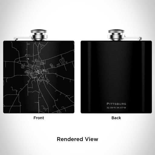 Rendered View of Pittsburg Texas Map Engraving on 6oz Stainless Steel Flask in Black