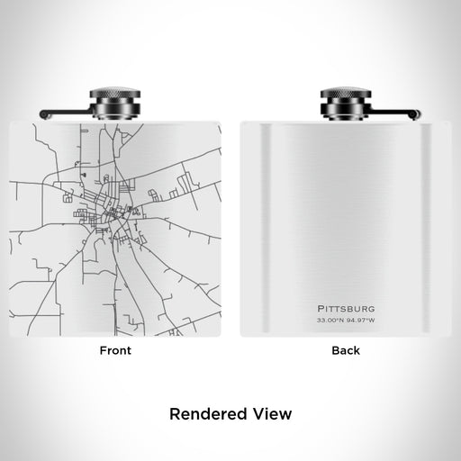 Rendered View of Pittsburg Texas Map Engraving on 6oz Stainless Steel Flask in White