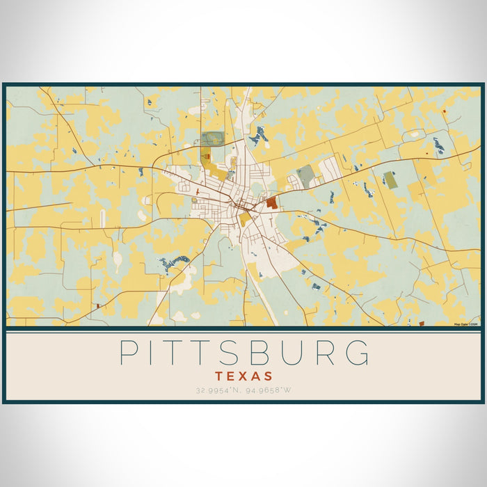 Pittsburg Texas Map Print Landscape Orientation in Woodblock Style With Shaded Background