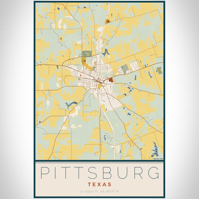 Pittsburg Texas Map Print Portrait Orientation in Woodblock Style With Shaded Background
