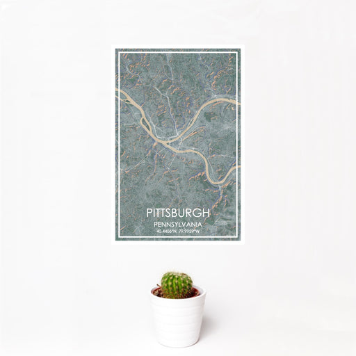 12x18 Pittsburgh Pennsylvania Map Print Portrait Orientation in Afternoon Style With Small Cactus Plant in White Planter