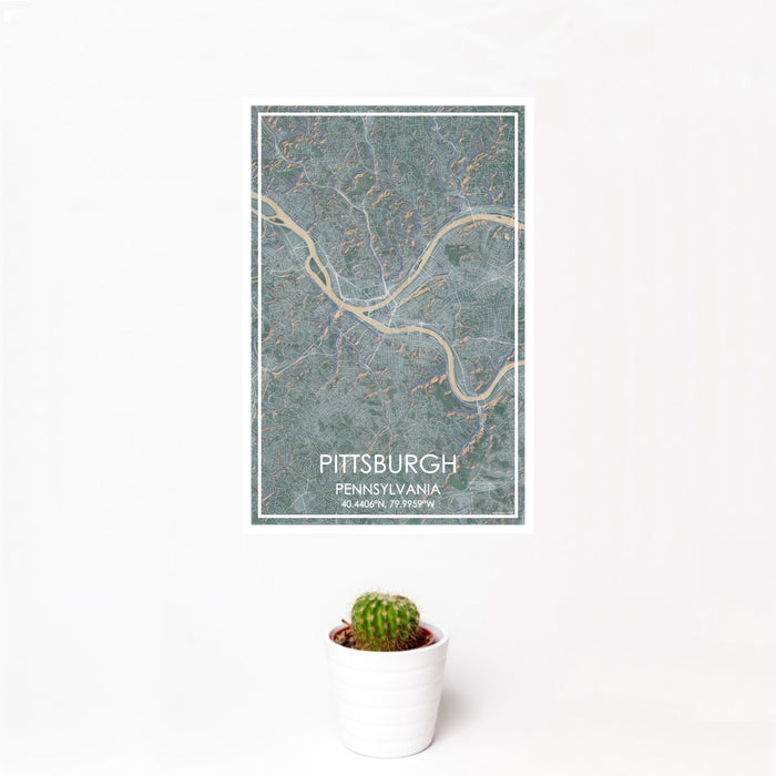 12x18 Pittsburgh Pennsylvania Map Print Portrait Orientation in Afternoon Style With Small Cactus Plant in White Planter