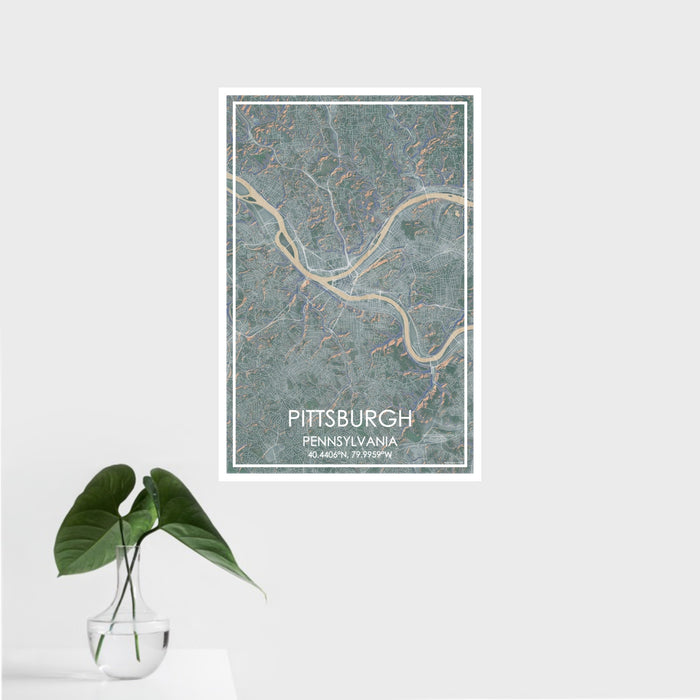 16x24 Pittsburgh Pennsylvania Map Print Portrait Orientation in Afternoon Style With Tropical Plant Leaves in Water