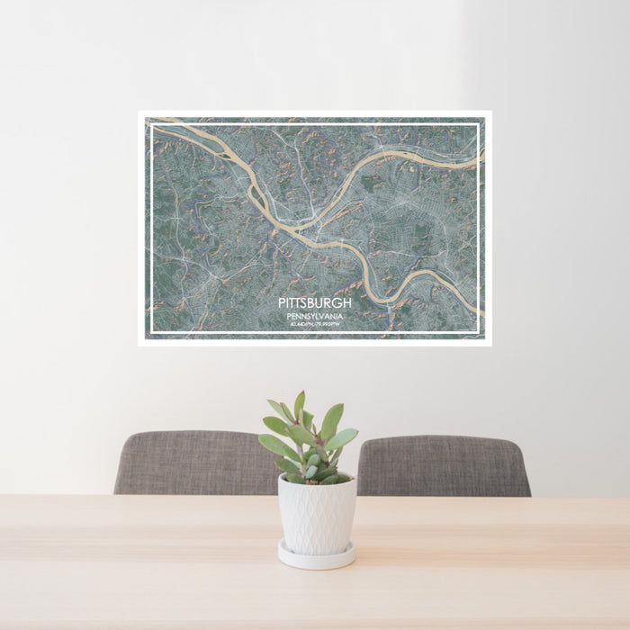 24x36 Pittsburgh Pennsylvania Map Print Lanscape Orientation in Afternoon Style Behind 2 Chairs Table and Potted Plant