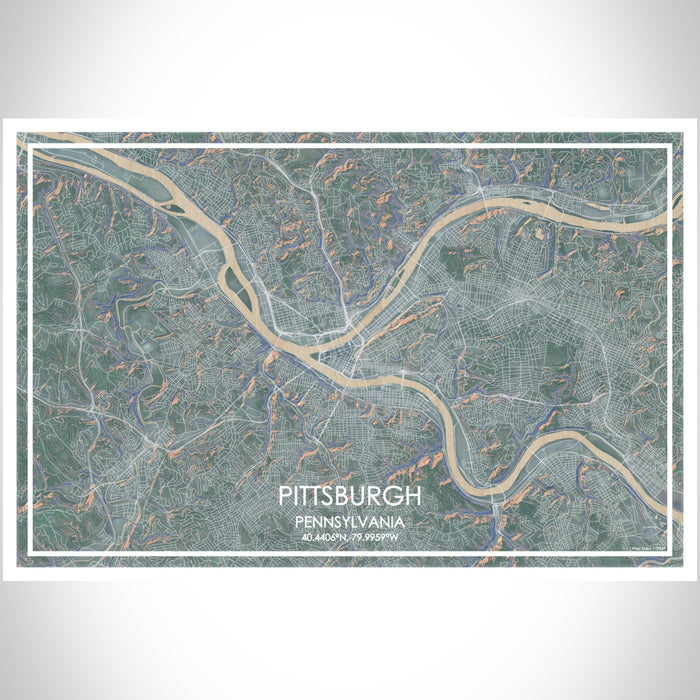 Pittsburgh Pennsylvania Map Print Landscape Orientation in Afternoon Style With Shaded Background
