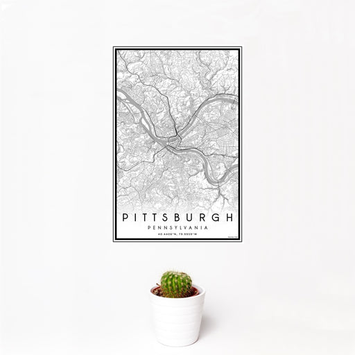 12x18 Pittsburgh Pennsylvania Map Print Portrait Orientation in Classic Style With Small Cactus Plant in White Planter
