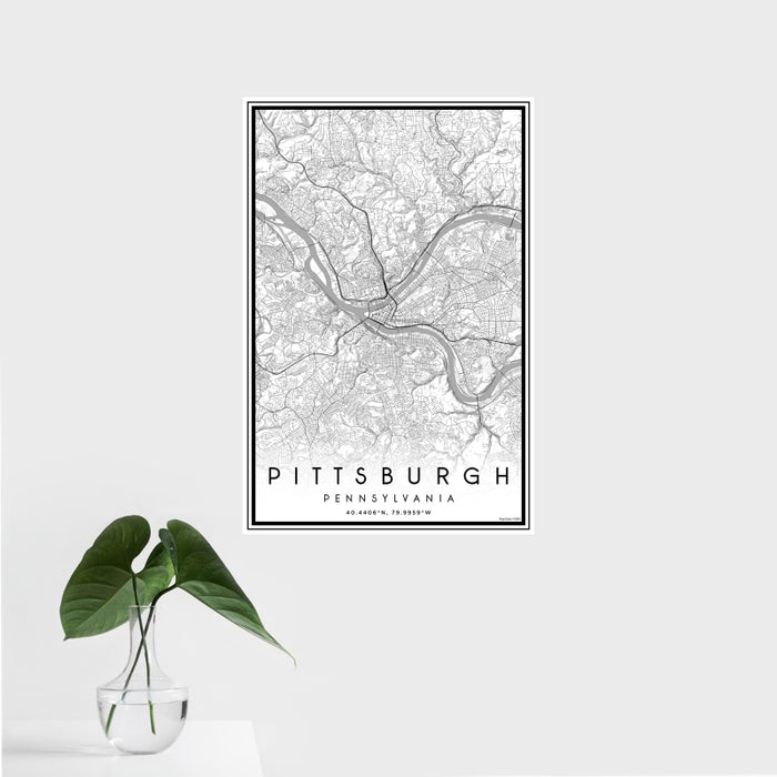 16x24 Pittsburgh Pennsylvania Map Print Portrait Orientation in Classic Style With Tropical Plant Leaves in Water