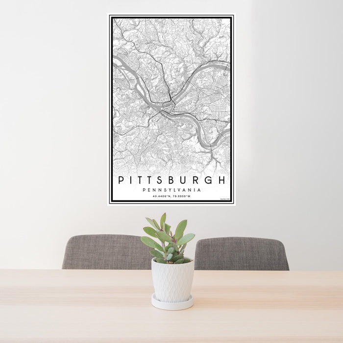 24x36 Pittsburgh Pennsylvania Map Print Portrait Orientation in Classic Style Behind 2 Chairs Table and Potted Plant
