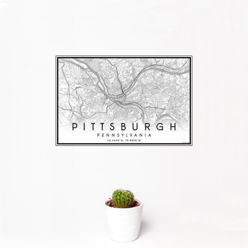 12x18 Pittsburgh Pennsylvania Map Print Landscape Orientation in Classic Style With Small Cactus Plant in White Planter