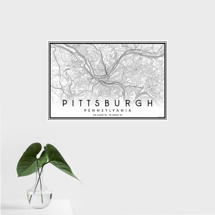 16x24 Pittsburgh Pennsylvania Map Print Landscape Orientation in Classic Style With Tropical Plant Leaves in Water