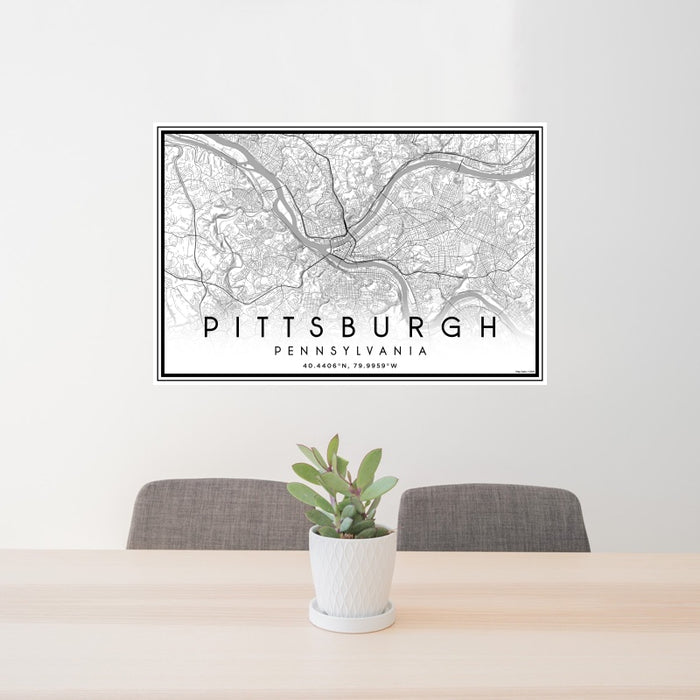 24x36 Pittsburgh Pennsylvania Map Print Landscape Orientation in Classic Style Behind 2 Chairs Table and Potted Plant