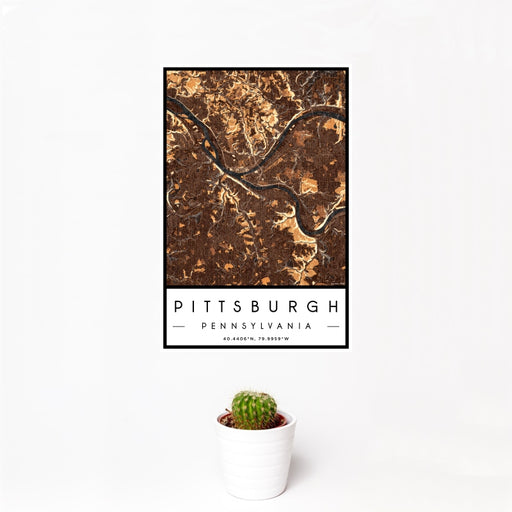 12x18 Pittsburgh Pennsylvania Map Print Portrait Orientation in Ember Style With Small Cactus Plant in White Planter