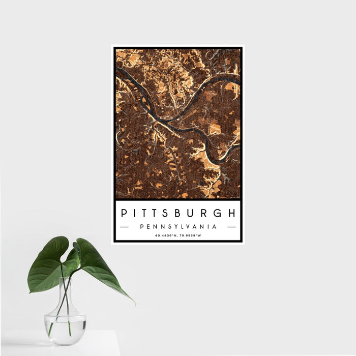 16x24 Pittsburgh Pennsylvania Map Print Portrait Orientation in Ember Style With Tropical Plant Leaves in Water