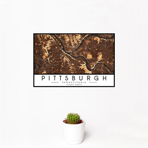 12x18 Pittsburgh Pennsylvania Map Print Landscape Orientation in Ember Style With Small Cactus Plant in White Planter