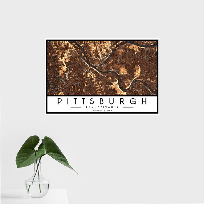 16x24 Pittsburgh Pennsylvania Map Print Landscape Orientation in Ember Style With Tropical Plant Leaves in Water