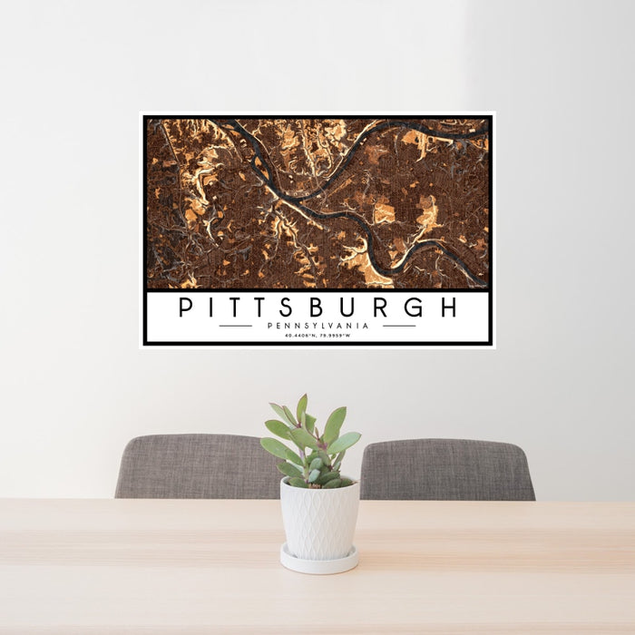 24x36 Pittsburgh Pennsylvania Map Print Landscape Orientation in Ember Style Behind 2 Chairs Table and Potted Plant
