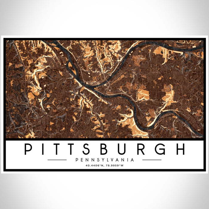 Pittsburgh Pennsylvania Map Print Landscape Orientation in Ember Style With Shaded Background