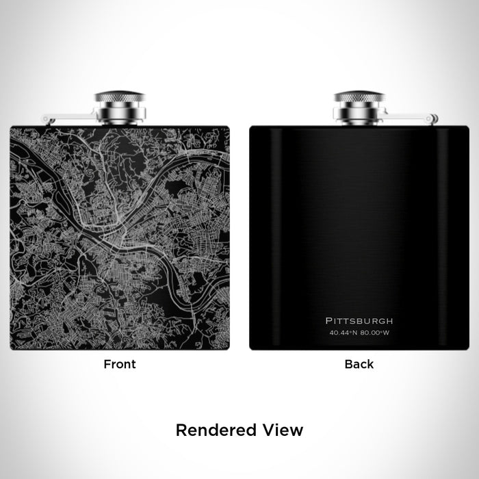 Rendered View of Pittsburgh Pennsylvania Map Engraving on 6oz Stainless Steel Flask in Black