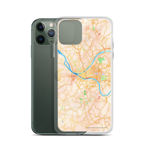 Custom Pittsburgh Pennsylvania Map Phone Case in Watercolor on Table with Laptop and Plant