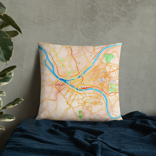 Custom Pittsburgh Pennsylvania Map Throw Pillow in Watercolor on Bedding Against Wall