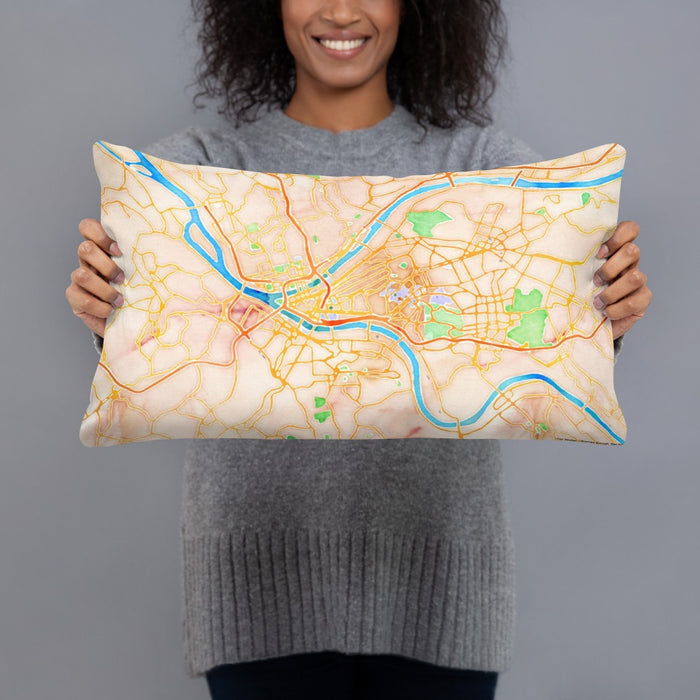 Person holding 20x12 Custom Pittsburgh Pennsylvania Map Throw Pillow in Watercolor