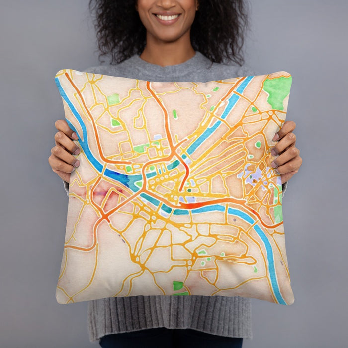 Person holding 18x18 Custom Pittsburgh Pennsylvania Map Throw Pillow in Watercolor