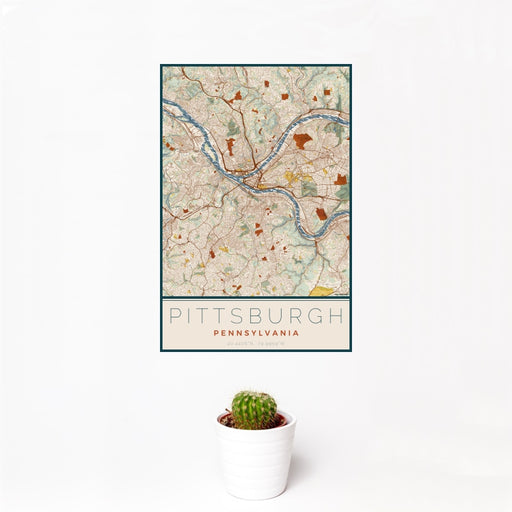 12x18 Pittsburgh Pennsylvania Map Print Portrait Orientation in Woodblock Style With Small Cactus Plant in White Planter