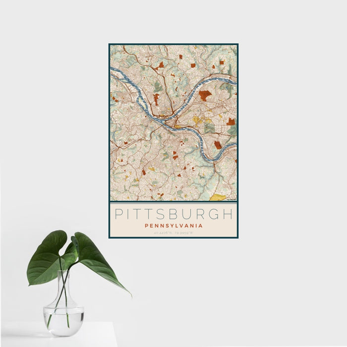16x24 Pittsburgh Pennsylvania Map Print Portrait Orientation in Woodblock Style With Tropical Plant Leaves in Water