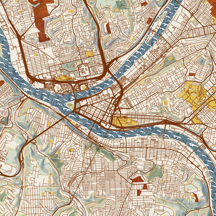 Pittsburgh Pennsylvania Map Print in Woodblock Style Zoomed In Close Up Showing Details