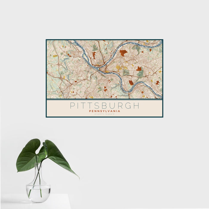 16x24 Pittsburgh Pennsylvania Map Print Landscape Orientation in Woodblock Style With Tropical Plant Leaves in Water