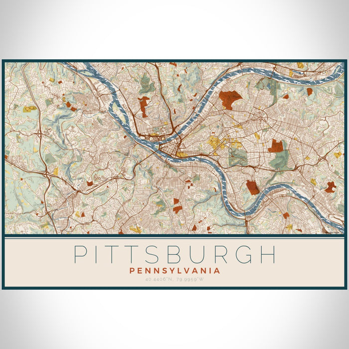 Pittsburgh Pennsylvania Map Print Landscape Orientation in Woodblock Style With Shaded Background